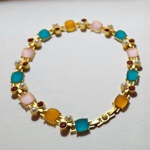 Lovely necklace & earring set gold tone pink blue orange NWOT